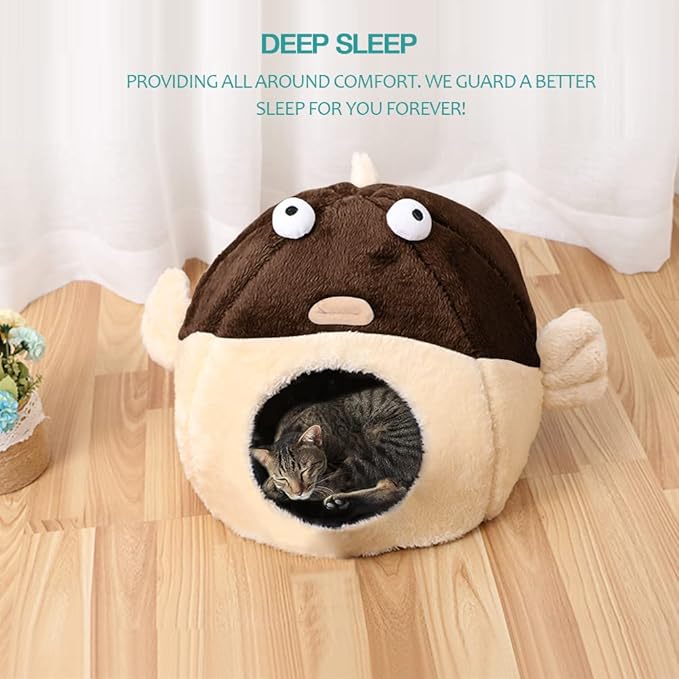 Cat Beds for Indoor Cats - Cat Bed Cave with Removable Washable Cushioned Pillow, Soft Plush Premium Cotton No Deformation Pet Bed, Lively Pufferfish Cat House Design, Brown, Multiple Sizes(L)