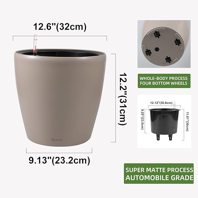 Dexceder 13x12 Self Watering Planter with Wheels Indoor Outdoor, Inner Pot Design, Thickened Large Floor Standing Flower Plant Pot with Water Level Indicator (Taupe Matte)