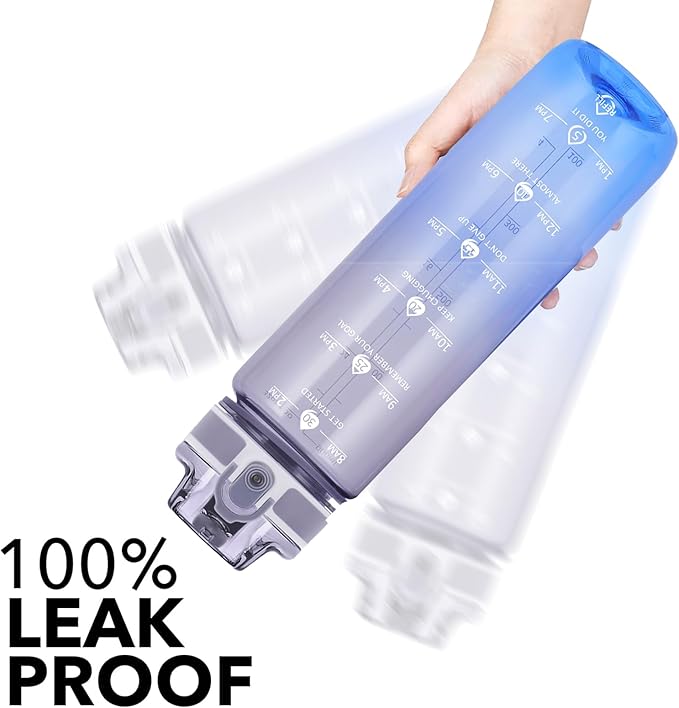 32oz Motivational Water Bottles with Time Marker & Fruit Strainer, Transparent Gradient Color Water Bottle with Times to Drink, Leakproof & BPA Free, Reusable Bottle with Strap (No Straw)