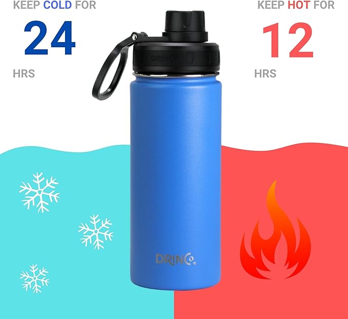 DRINCO Stainless Steel Water Bottle Spout Lid Vacuum Insulated Double Wall Water Bottle Wide Mouth (40oz 32oz 22oz 18oz 14oz) Leak Proof Keeps Cold or Hot (18 oz, 18oz Royal Blue)