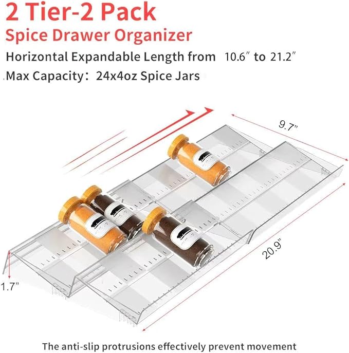 2-Tier Non-Slip Spice Drawer Organizer, 2-Pack Checkered Frosted Clear Acrylic, Expandable (11''-22'') Spice Rack for Kitchen Drawer Storage – Holds Seasonings, Herbs, and Spices (Jars Not Included)