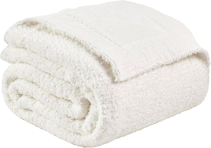 EMME Muslin and Fleece Twin Blanket Reversible - 60"*80" Cream Soft Warm Throw Blankets for Couch Bed Picnic Travel Bed