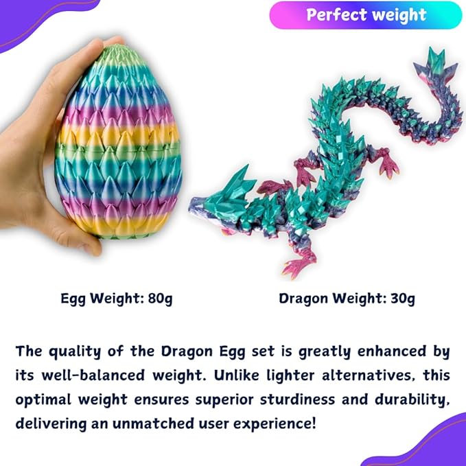 3D Printed 12” Articulated Crystal Dragon Inside 5.1” Egg – Fantasy Collectible, Fidget Toy & Stocking Easter Basket Stuffers for Home & Office Decor (Rainbow)