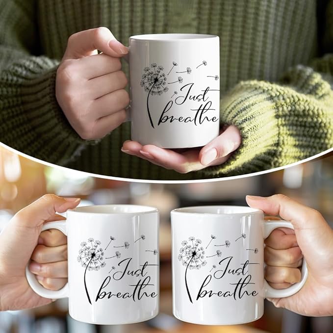 RZHV Just Breathe 11 Oz Novelty Mug, Funny Dandelion Coffee Mug for Floral Lover, Calming Gifts for Yoga Lover, Meditation Mental Health Gifts for Women