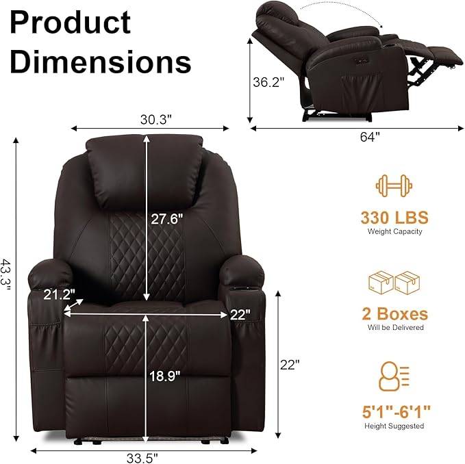 AHMED Power Recliner Chair with Vibration Massage & Heat for Adults, Faux Leather Home Theater Seating with Cup Holders/LED Lights/USB Ports/Side Pockets for Living Room, Brown