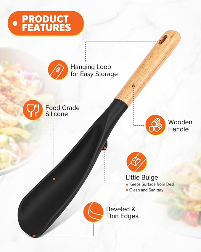 Cooking Spoon and Scraper for Nonstick Cookwares, Great for Cooking and Serving Durable BPA-Free Matte Silicone, Wood Handle Multifunction Spoon for Mixing, Scoop, and Scrape (BLACK)