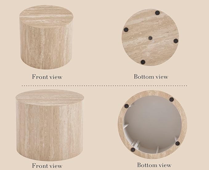 CIMOTA Round Wood Nesting Coffee Table Set of 2, Modern Circle Travertine End Side Table Sets for Living Room, Light Wooden Color/No Assembling