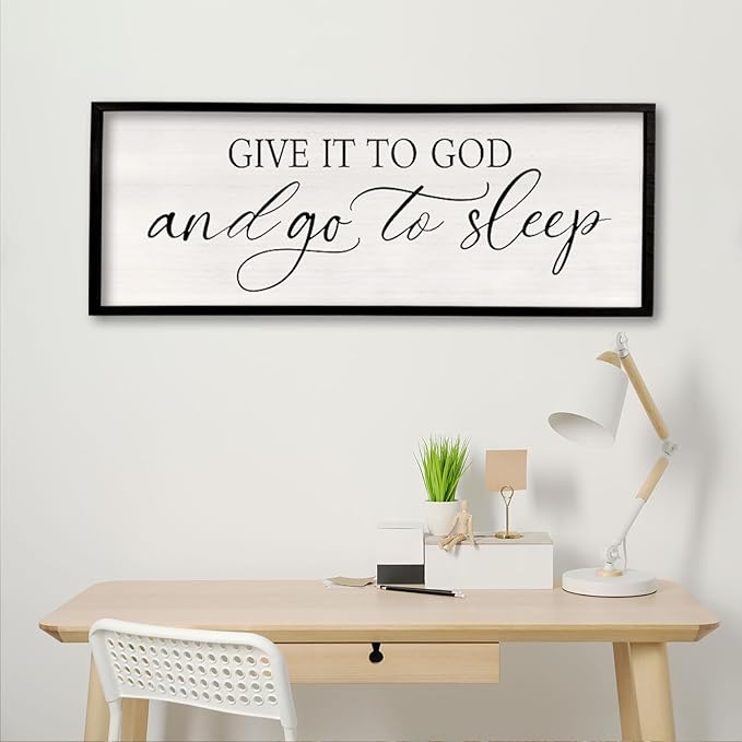 comurdyo Give It To God And Go to Sleep Sign 40''×15'' Master Bedroom Above Bed Wall Decor Wood Framed Couple Large Farmhouse Guest Room Rustic Simple Over Bedside Wall Art Hanging Decor (Black)