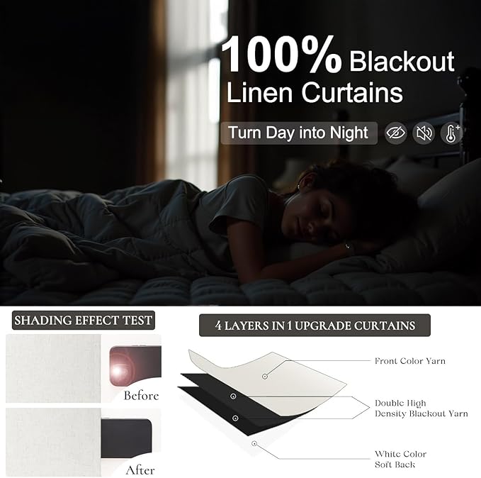 Natural Linen Back Tab Blackout Curtains & Drapes 96 Inch Long for Bedroom Livingroom Farmhouse Curtain 2 Panel Neutral Cute Black Out Room Darkening Thermal Insulated 8ft Pleated Window Curtain Cream