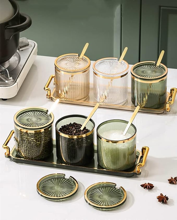 Acrylic Condiment Spice Jars,Condiment Spice Box With Lids and Spoons and Tray,Clear Plastic Condiment Canisters,Seasoning Box 3 Pack,Seasoning Box Set for Kitchen to Storage Salt,Paprika,Sugar