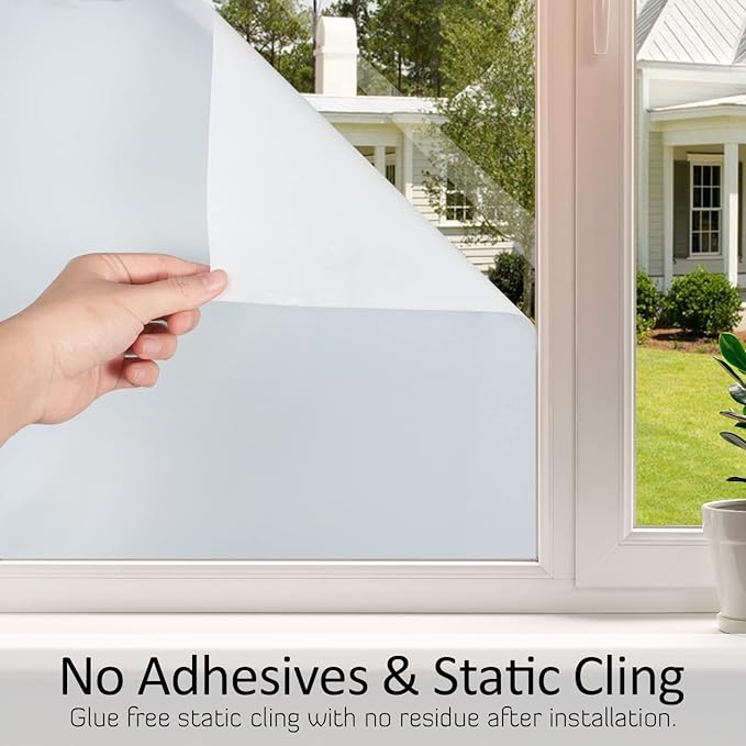 HIDBEA Frosted Window Privacy Film Non-Adhesive, Reusable Window Glass Films Heat Control Self Static Cling Removable Window Stickers for Home Office Living Room(White Frosted, 17.5 Inch x 6.5 Feet)