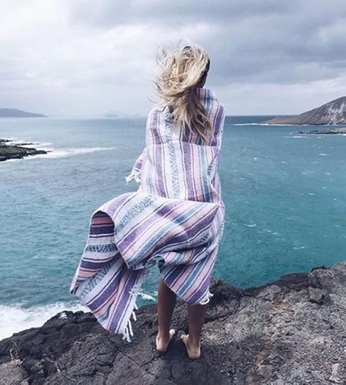 Del Mex Classic Mexican Blanket, Large Authentic Woven Falsa Throw (70"x50"), Artisan Southwest Décor for Beach, Yoga, Outdoors (Light Pink/Blue)