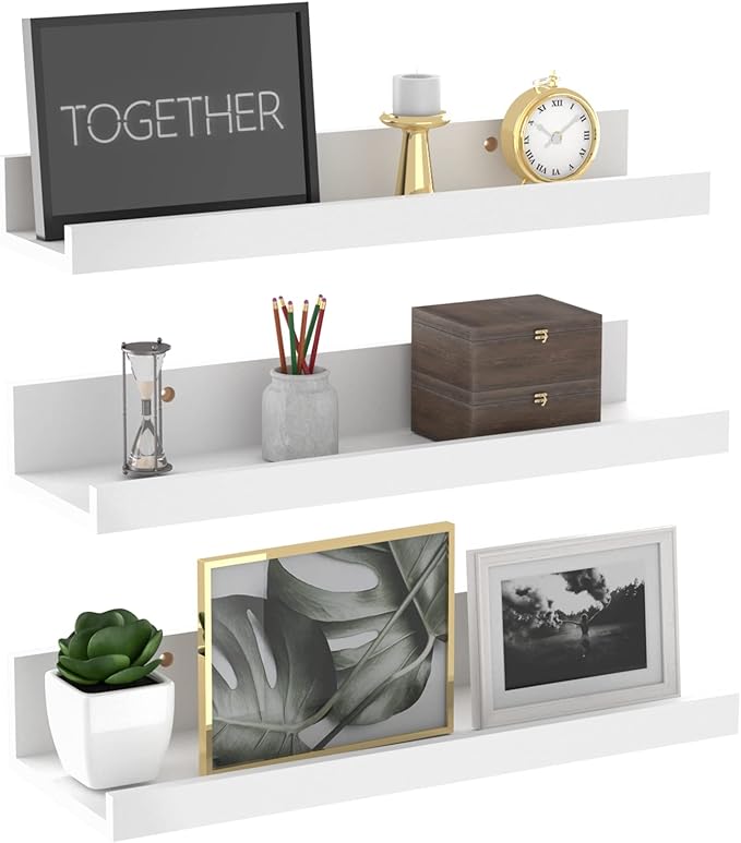Giftgarden 16 Inch White Floating Shelves for Wall Mount, Modern Wood Wall Shelf Ledge for Bathroom Bedroom Living Room Kitchen Nursery Storage, Set of 3 Different Sizes
