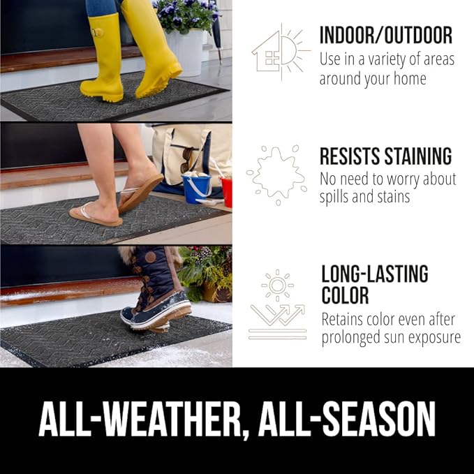 GORILLA GRIP 100% Waterproof All-Season WeatherMax Doormat US Designed Natural Rubber, Stain and Fade Resistant, Low Profile Indoor Outdoor Door Mats, Easy Clean Patio Mat, 17x29, Steel Chevron