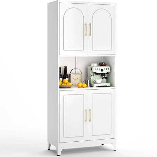 75" Tall Kitchen Pantry Storage Cabinet, Metal Storage Cabinets with 4 Doors and Adjustable Shelves，White Kitchen Hutch Cabinet with Microwave Stand, Large Cupboard for Dining Living Room