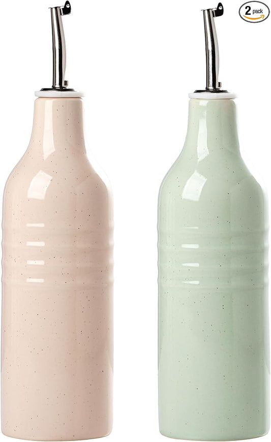 famiware Jupiter 16oz Ceramic Olive Oil Dispenser Bottle, Olive Oil and Vinegar Dispenser Bottle Set of 2 with Stainless Steel Pourers, Suitable for Storage Vinegar, Liquids, Light Pink & Light Green