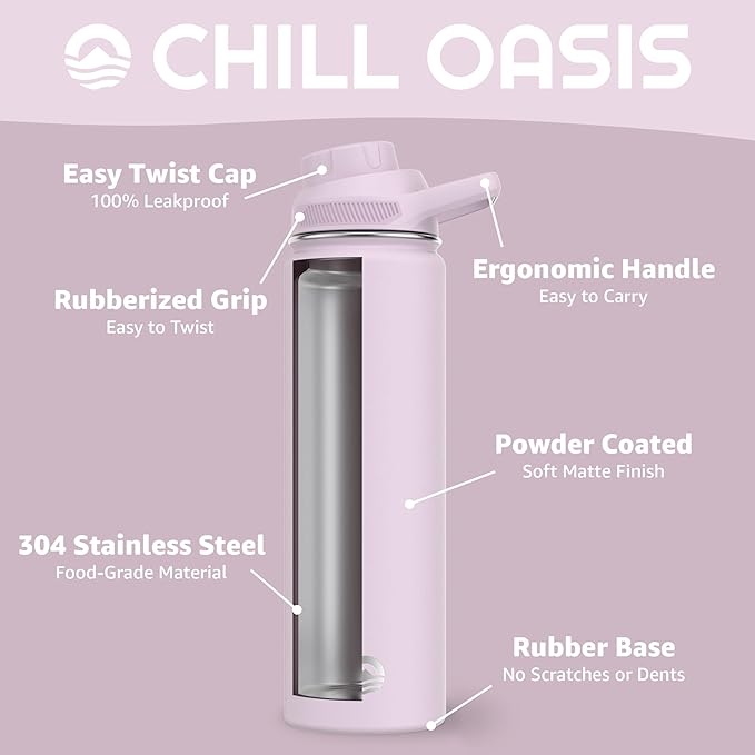 Chill Oasis Water Bottle | Compatible With Popular Flavor Cartridges | BPA Free, Leak Proof, Double-Walled Vacuum Insulated Stainless Steel, and Dishwasher Safe | Cold for 24 Hours (Lavender, 22oz)