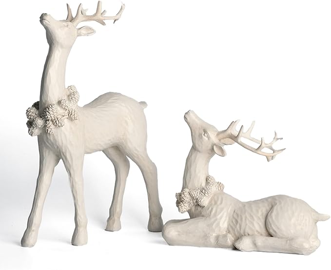 DN DECONATION 2pcs White Christmas Reindeer Statue, Indoor Reindeer Decor, Tabletop Resin Deer Figurine