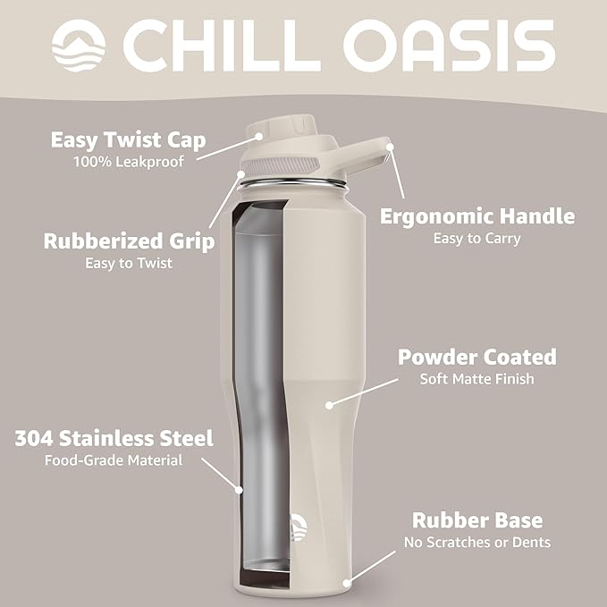 Chill Oasis Water Bottle | Compatible With Popular Flavor Cartridges | BPA Free, Leak Proof, Double-Walled Vacuum Insulated Stainless Steel, and Dishwasher Safe | Cold for 24 Hours (Beige, 32oz)