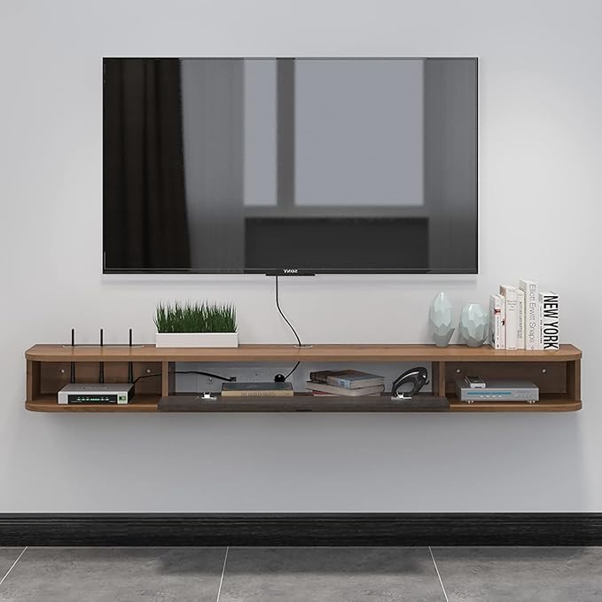 Pmnianhua Floating TV Shelf, 55'' Wall Mounted TV Stand Floating TV Console Media Entertainment Under TV Shelf for Bedroom Livingroom (Walnut)