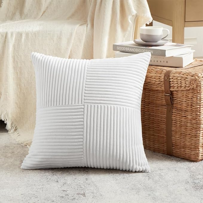 Fancy Homi 2 Packs Pure White Decorative Throw Pillow Covers 16x16 Inch for Living Room Couch Bed, Rustic Farmhouse Boho Home Decor, Soft Corss Patchwork Corduroy Textured Square Cushion Case 40x40 cm
