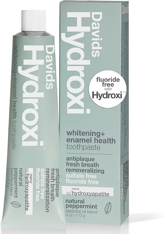 Davids Hydroxi Fluoride Free Nano Hydroxyapatite Whitening + Enamel Health Toothpaste, Antiplaque, Fresh Breath, Remineralizing, SLS Free, Natural Peppermint, 4 oz, Made in USA