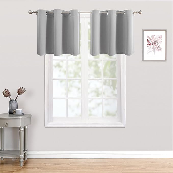 ChrisDowa Small Kitchen Valances for Windows - Grommet Short Thermal Insulated Room Darkening Window Valances Curtains for Living Room (2 Panels, Light Grey, 42 x 18 Inch)