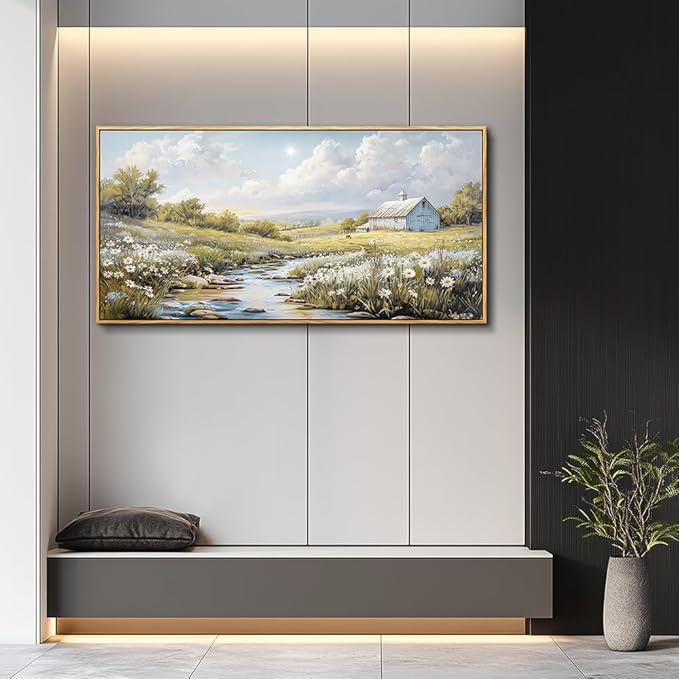 PHAOHUAXM Wood Framed Wall Art For Living Room Large Canvas Wall Decor For Bedroom Flower Watercolour Painting Office Decor Countryside Scenery Wall Picture Printing Artwork Home Decor 20x40 In