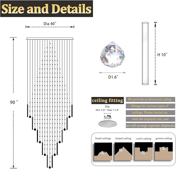 Flashing God 40''X90 Large Crystal Chandelier for High Ceiling Modern Crystal Raindrop Chandeliers Lighting Round Ceiling Light Entryway Staircase Foyer Villa LED Dimmable 2700-6000K