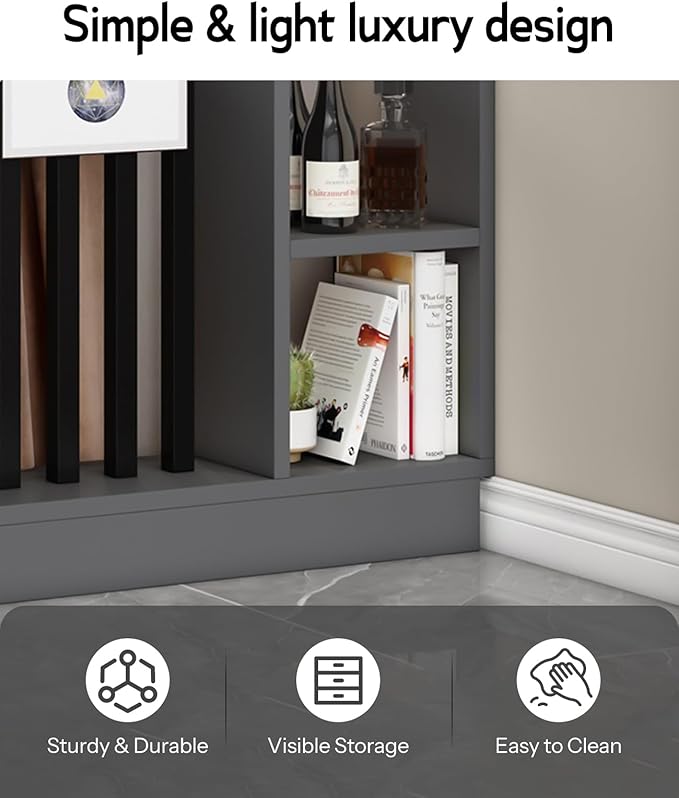 Wall Room Divider, Storage Cabinet Storage Display with Shelves, Modern Freestanding Wood Room Divider Screen, Wall Privacy Screens for Home Decorative (Grey+Black,55" L x 9.5" W x 79.5" H)