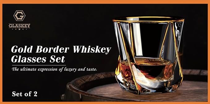 Crystal Whiskey Glasses Set of 2 with 24K Gold Rim,Bar Glasses,Twisted Whiskey Glass Gold Collection for Bourbon,Scotch and Wine,Rock Barware for Men Gift - 8oz