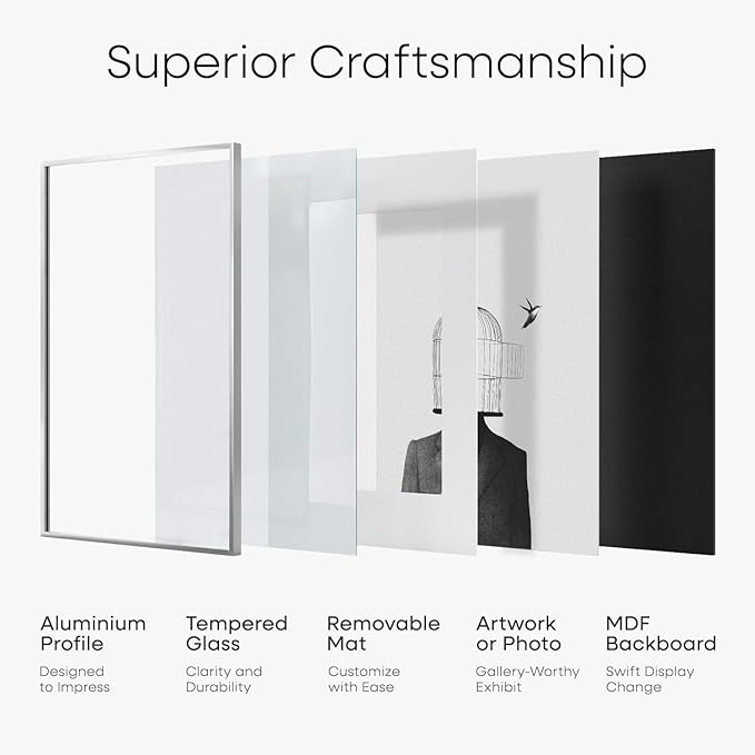 Homeforia Silver 27x40 Poster Frame, Metal Picture Frame with 24x36 Mat, Tempered Glass, Wall Hook Included, Set of 1