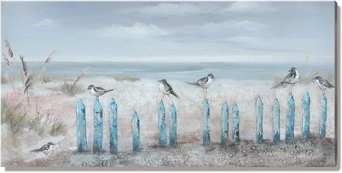 amatop Ocean Beach Wall Art 3D Framed Hand-Painted Seascape Oil Painting Perching Bird Canvas Artwork 'The Tranquility by The Sea Shore' for Living Room Bedroom Decor Coastal Blue