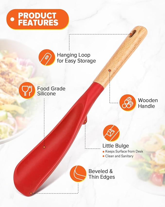 Cooking Spoon and Scraper for Nonstick Cookwares, Great for Cooking and Serving Durable BPA-Free Matte Silicone, Wood Handle Multifunction Spoon for Mixing, Scoop, and Scrape (RED)
