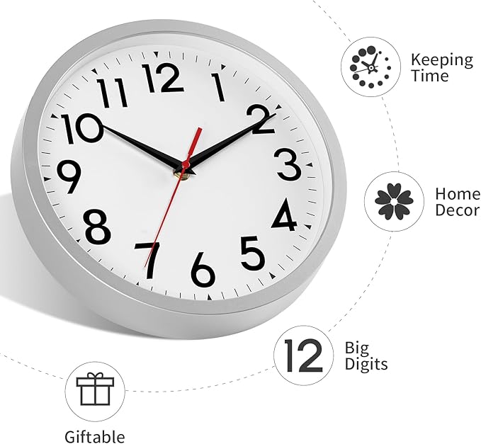 Wall Clock Small Analog 8 Inch Silent Non Ticking Battery Operated Modern Simple Decorative for Kitchen Office Bedroom Bathroom Living Room(Silver)