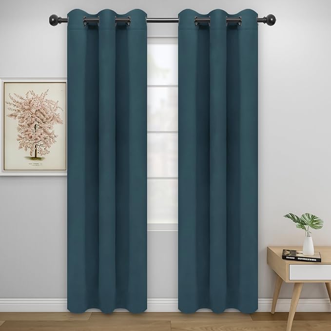 Easy-Going Blackout Curtains for Bedroom, Solid Thermal Insulated Grommet and Noise Reduction Window Drapes, Room Darkening Curtains for Living Room, 2 Panels (34x72 in, Bluestone)
