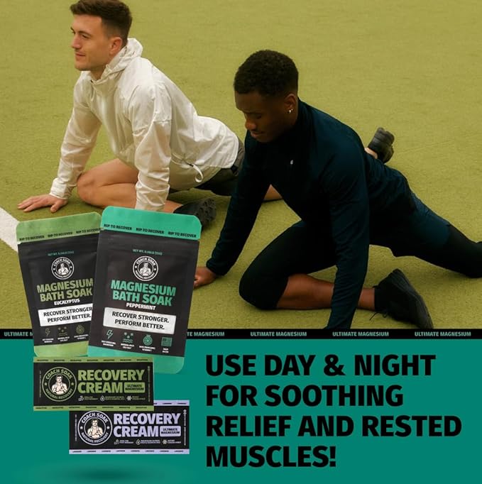 Coach Soak Magnesium Flakes & Lotion Trial Pack - Soothing Menthol Lotion & Bath Soak - 0.18 Lb Sachets - Lavender, Eucalyptus & Peppermint Scents