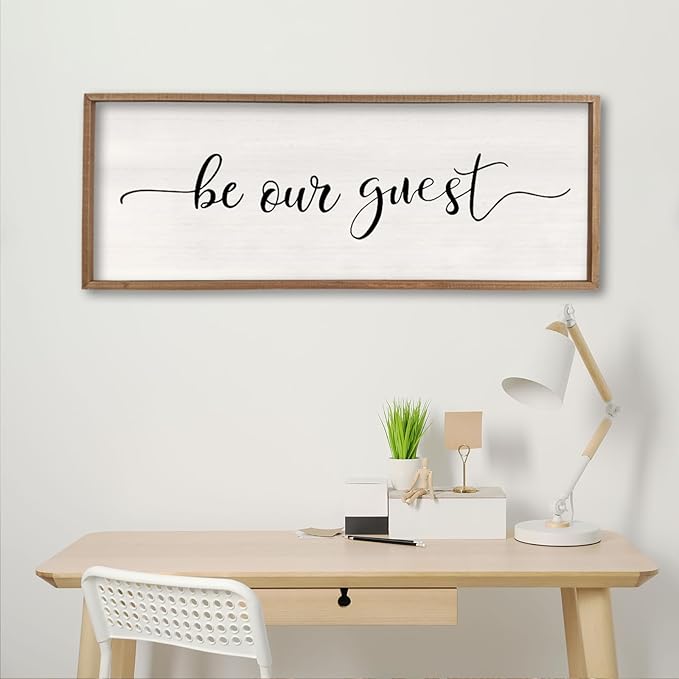 comurdyo Be Our Guest Wall Decor Sign 40”X15” Large Master Bedroom Above Bed Wall Decor Wood Framed Guest Room Sign Simple Rustic Farmhouse Over Bed Bedside Wall Art (Wood)