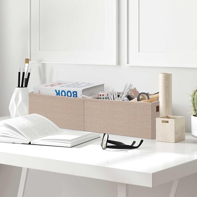 GhvyenntteS Small Fabric Storage Bins 6 Pack, 11.8" x 7.87" x 5.11" Storage Basket with Leather Handles, Closet Storage Bins for Shelves, Storage Baskets for Shelves, DVD Storage (Beige Yellow)