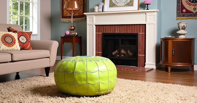 Stuffed Arch Design Moroccan Leather Pouf Ottoman, Handmade, Pre-Filled, 100% Genuine Leather, 14” Height x 22” Diameter – Boho Chic Footstool & Living Room Décor (Lime Green)