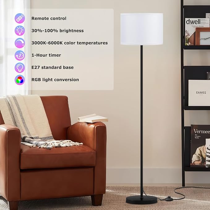 Ambimall Floor Lamp for Living Room with Smart Light Bulb, RGB + Stepless Dimmable Colors Temperature & Brightness(White Shade & Black Pole)
