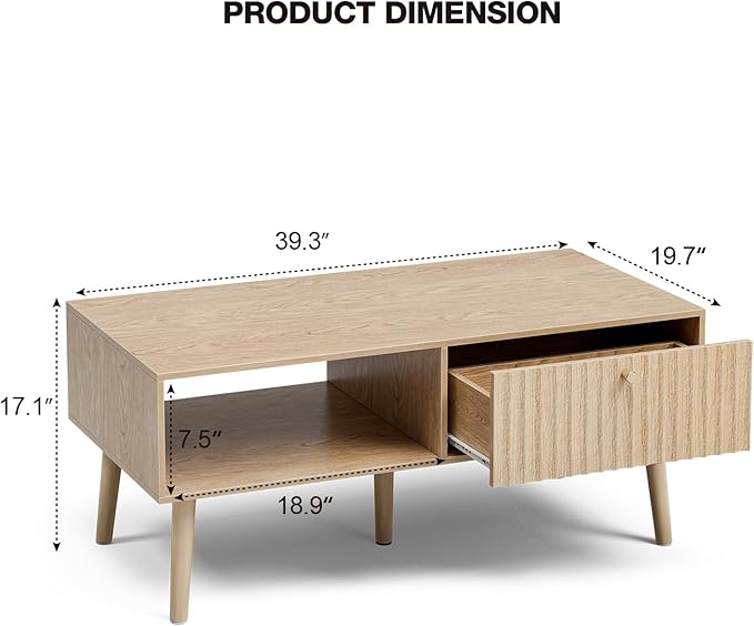 Coffee Table with Storage, Boho Dining Table with Fluted Drawer and Solid Wood Legs, Small Coffee Tables for Living Room, Oak