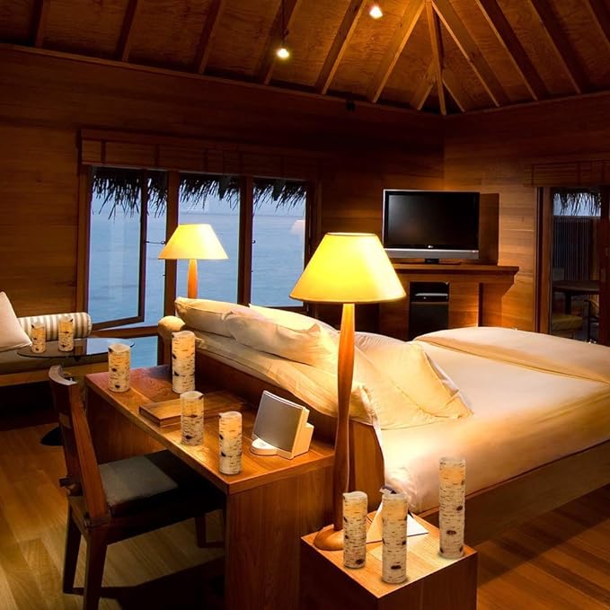 Flameless Flickering LED Candles with Birch Bark Effect - Set of 9 Battery-Operated Real Wax Pillar Candles with 10-Key Remote Control - 2/4/6/8 Hour Timer