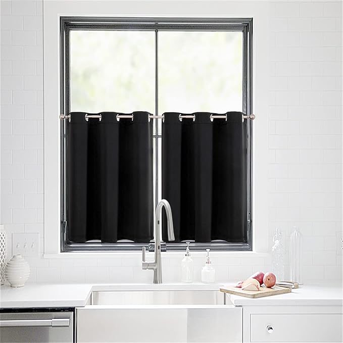 ChrisDowa Small Window Curtains for Kitchen and Bedroom - Grommet Short Thermal Insulated Room Darkening Curtains (2 Panels, Black, 42 x 36 Inch)