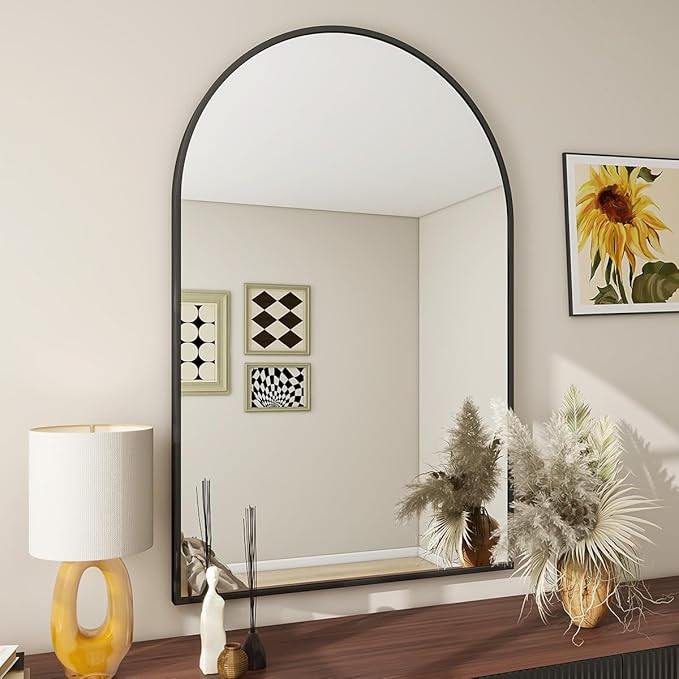 BEAUTYPEAK 26"x38" Arch Bathroom Mirror, Wall Mounted Vanity Metal Frame Mirror for Bedroom, Entryway, Living Room, Black