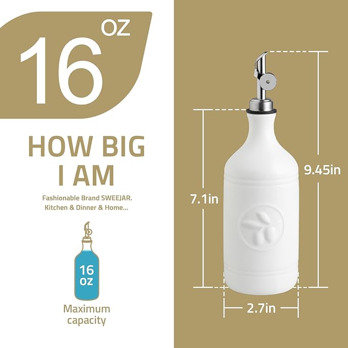 Sweejar 16 Oz Ceramic Olive Oil Dispenser Bottle, Oil Dispenser for Kitchen with Gravity Spout, Relief Opaque Oil Container for Evoo, Avocado Oil, Vinegar, Soy Sauce, 1 Pack(Turquoise, Silver Spout)