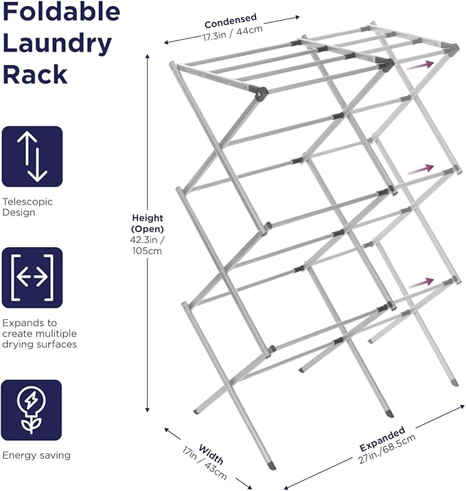 BLACK+DECKER Laundry Organization Expandable/Collapsible Clothes Drying Rack. Essential for Camping/Trailers or Anywhere You Air Dry Laundry. Oversized for Multiple Garments, (Grey)