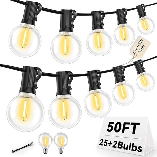 50FT G40 LED String Lights with 25 Shatterproof Bulbs (2 Spares), E12 Sockets, 2700K Warm White, eatherproof Patio Lighting for Garden,Backyard,Party,Wedding,Porch,Deck,Gazebo,Bistro,Camping