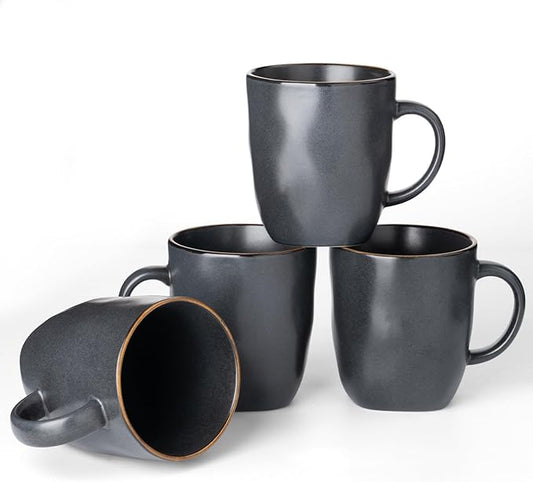 famiware Coffee Mugs Set of 4, Ocean Square 13oz Coffee Cup Set with Handle for Cocoa, Milk, Hot Chocolate, Tea, Water, Stoneware Cups for Kitchen, Microwave and Dishwasher Safe, Matte Black