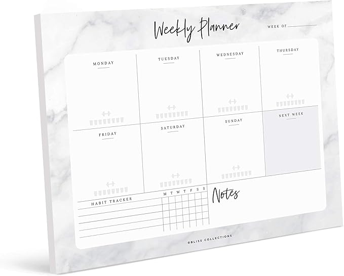 Bliss Collections Weekly Planning Pad, To Do List Notebook - Undated Tear-Off Sheets Notepad - Work Calendar, Organizer, Scheduler for Goals, Tasks - Marble, 8.5" x 11", 50 Sheets